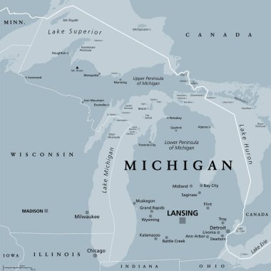 Michigan, MI, başkenti Lansing ve metropolitan bölgesi Detroit 'in gri politik haritası. Büyük Göl Eyaleti lakabı Büyük Göl Eyaleti ve Wolverine Eyaleti olan Amerika Birleşik Devletleri 'nin kuzeybatısındaki Büyük Göller Bölgesi' nde..
