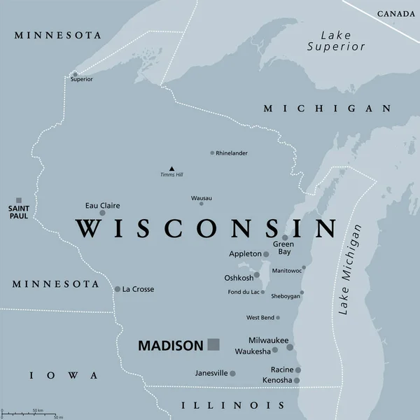 Wisconsin Graue Politische Landkarte Mit Der Hauptstadt Madison Und Dem — Stockvektor