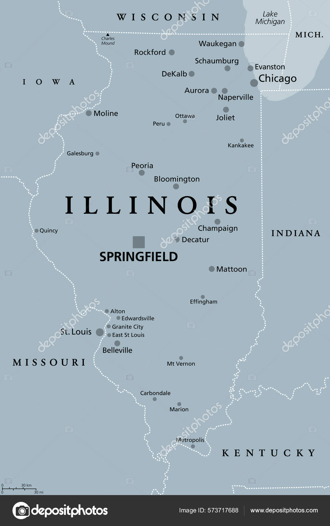 Illinois Mapa Político Gris Con Capital Springfield Área Metropolitana