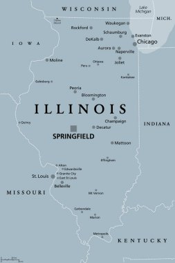 Illinois, IL, başkenti Springfield ve Chicago olan gri politik harita. Lincoln, Prairie State ve Inland Empire State olarak adlandırılan Amerika Birleşik Devletleri 'nin orta batı bölgesindeki eyalet..