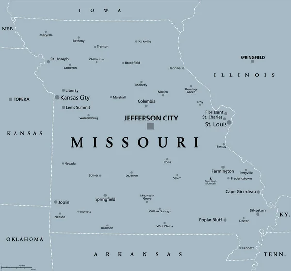 Missouri Mapa Político Cinza Com Capital Jefferson City Maiores Cidades —  Vetores de Stock