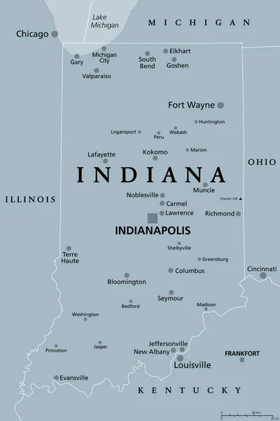 Indiana Mapa Político Gris Con Capital Indianápolis Las Ciudades Ríos — Vector de stock