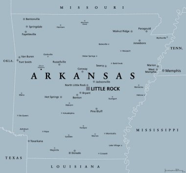 Arkansas, AR, gri politik harita, başkenti Little Rock ve büyük, önemli şehirler. Güney Orta Amerika 'da denize kıyısı olmayan bir eyalet, lakabı Doğal Devlet ve Fırsat Ülkesi..