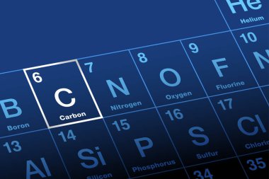 Periyodik elementler tablosunda karbon. Kömür için Latince karbonhidrattan C sembolü olan metalik olmayan kimyasal element, atom numarası 6. Organik bileşiklerin sonsuz ve eşsiz çeşitliliğinden sorumludur..