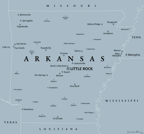 Arkansas Mapa Político Cinzento Com Capital Little Rock Grandes Importantes —  Vetores de Stock