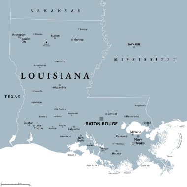 Louisiana, LA, gri politik harita başkenti Baton Rouge ve metropol bölgesi New Orleans. Amerika Birleşik Devletleri 'nin Güney ve Güney Bölgelerinde, takma adı Pelikan, Bayou ve Creole State..
