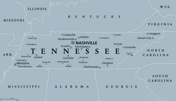 Tennessee Carte Politique Grise Avec Capitale Nashville Avec Grandes Villes — Image vectorielle