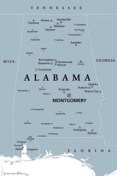 アラバマ州 灰色の政治地図 首都モンゴメリー 大規模かつ重要な都市と アメリカ合衆国南東部の州 イエローウィマー州 ハート ディキシー コットン州 — ストックベクタ