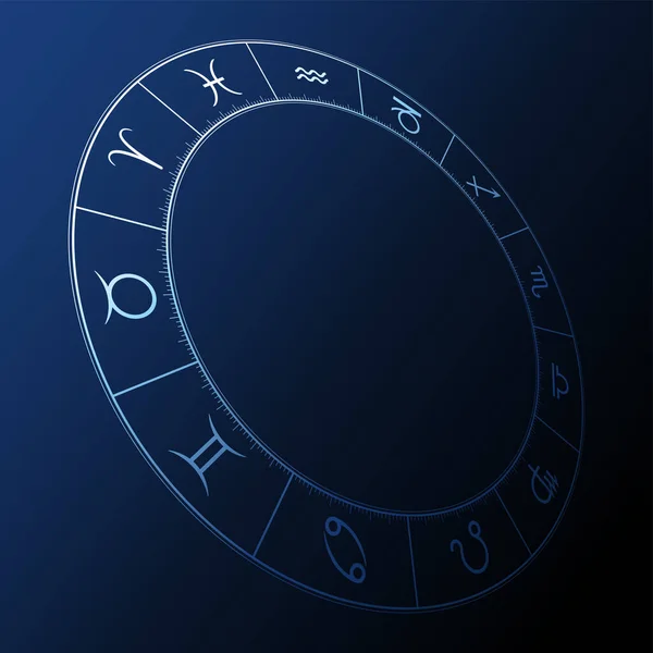 Krąg Zodiaku Ciemnoniebieskim Tle Trójwymiarowa Mapa Astrologiczna Dwunastoma Symbolami Znaków — Wektor stockowy
