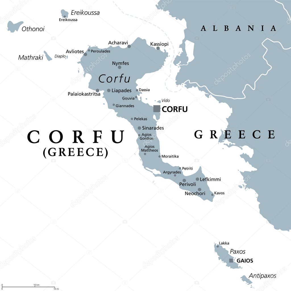 Corfu, island of Greece, gray political map. Also Kerkyra, is a Greek island in the Ionian Sea, and part of the Ionian Islands. With Othonoi, Ereikoussa and Mathraki it forms the Corfu Regional Unit.