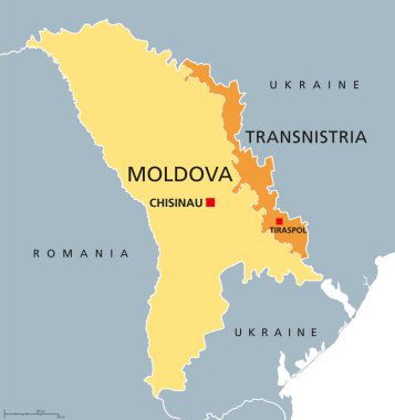 Moldova ve Transnistria, siyasi harita. Başkent Chisinau ile Moldova Cumhuriyeti ve başkent Tiraspol ile tartışmalı ve tanınmamış bir ayrılık devleti olan Pridnestrovia Moldova Cumhuriyeti, PMR.