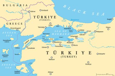 Bosporus ve Dardanelles, politik harita. Türkiye 'de uluslararası alanda önemli ve dar su yolları olan Türk Boğazı. Ege Denizi ile Marmara Denizi 'ni Karadeniz' e bağlayan geçitler..