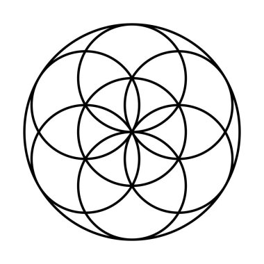 Koruyucu ceketli Yaşam Tohumu. Antik geometrik figür, ruhani sembol ve kutsal geometri. Üst üste binen daireler yaşam çiçeğinin deseni gibi bir çiçek oluşturuyor. Siyah ve beyaz.