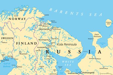Murmansk Oblastı ve Kola Yarımadası, siyasi harita. Rusya Federal vatandaşı, Laponya 'nın bir parçası, Norveç ve Finlandiya sınırında. Murmansk ile, Rusya 'nın Arktik Okyanusu' ndaki en önemli liman şehri..