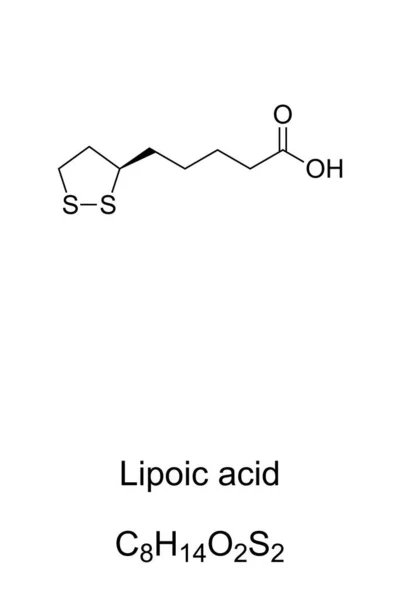 洛杉矶 化学配方和结构 也被称为 Ala 或硫辛酸 有机硫化合物 可作为膳食补充剂或药物 作为抗氧化剂销售 — 图库矢量图片
