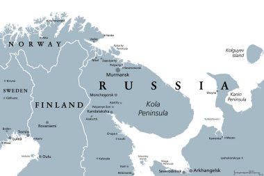 Murmansk Oblastı, Kola Yarımadası, gri politik harita. Rusya Federal vatandaşı, Laponya 'nın bir parçası, Norveç ve Finlandiya sınırında. Murmansk ile, Rusya 'nın Arktik Okyanusu' ndaki en önemli liman şehri..