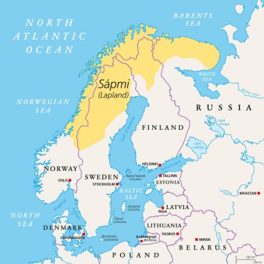 Sapmi, Lapland, political map. A cultural region in Northern and Eastern Europe, including the northern parts of Fennoscandia, stretching over the four countries Norway, Sweden, Finland and Russia. clipart