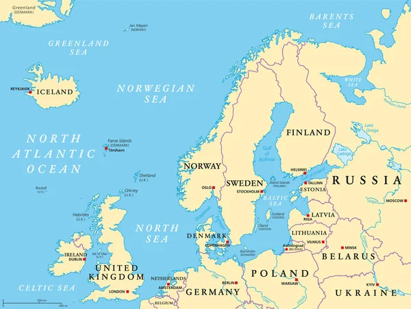 政治地图 不列颠群岛 芬诺斯卡迪亚 日德兰半岛 东边的波罗的海平原以及北欧大陆和欧洲主要大陆近海岛屿 — 图库矢量图片