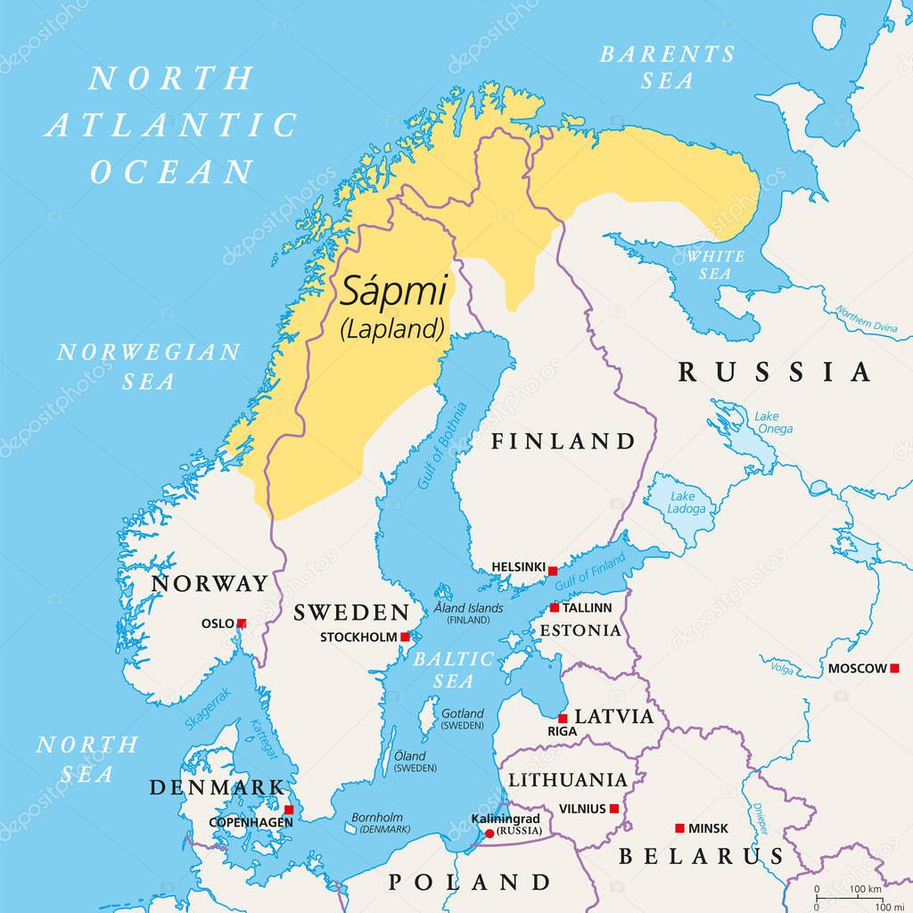 Sapmi, Lapland, political map. A cultural region in Northern and Eastern Europe, including the northern parts of Fennoscandia, stretching over the four countries Norway, Sweden, Finland and Russia.