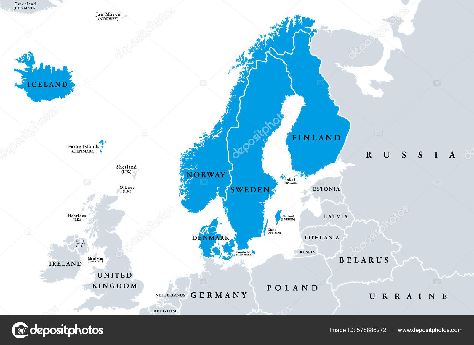 by　Most　Commonly　Scandinavia　Map　Northern　Political　Stock　578886272　Subregion　Denmark　Europe　Referring　Vector　©Furian