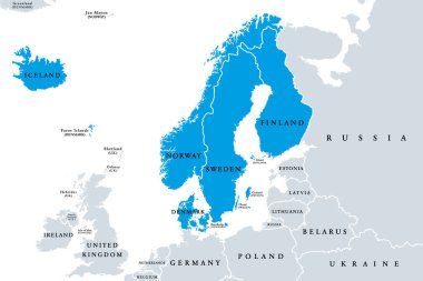 İskandinavya, politik harita. Daha çok Danimarka, Norveç ve İsveç 'ten ve daha geniş anlamda Aland, Faroe Adaları, Finlandiya ve İzlanda' dan bahseden Kuzey Avrupa 'da bir alt bölge. Görüntü.
