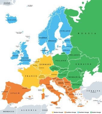 Avrupa alt birimleri, politik haritalar. Avrupa kıtasını istatistiksel amaçlarla Doğu, Kuzey, Güney ve Batı Avrupa 'ya bölen ve farklı renklerde temsil eden jeoscheme.