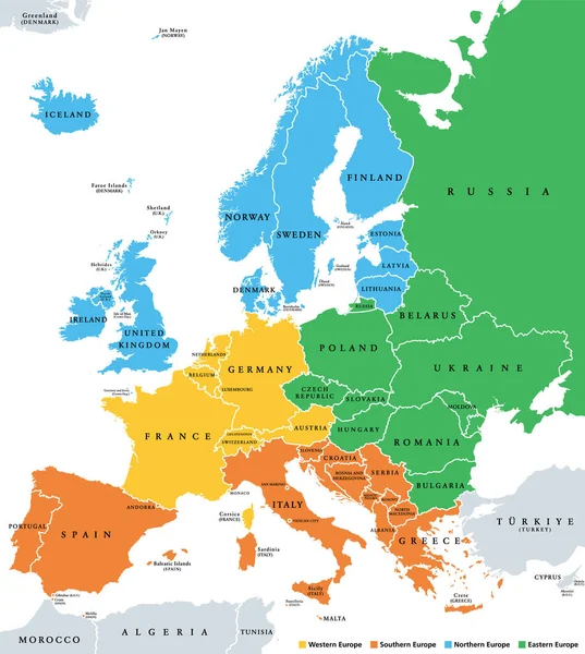 欧洲次区域 政治地图 地理化学 Geoscheme 为统计目的将欧洲大陆细分为东欧 南欧和西欧 并以不同的颜色表示 — 图库矢量图片