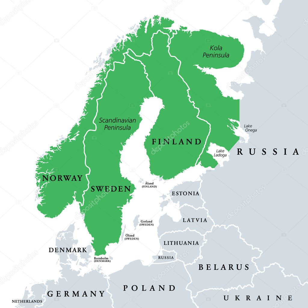 Fennoscandia, Fennoscandian Peninsula, political map. Peninsula, comprising the Scandinavian and Kola Peninsulas, mainland of Finland, Norway and Sweden, Murmansk Oblast, and the Republic of Karelia.