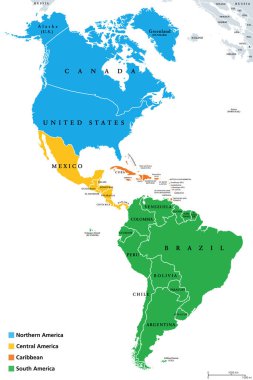 Amerika, jeoscheme ve politik harita. Orta bölgeleri Karayipler, Kuzey ve Orta Amerika ve Güney Amerika olan Kuzey Amerika alt bölgesi. İstatistikler için alt bölümler.
