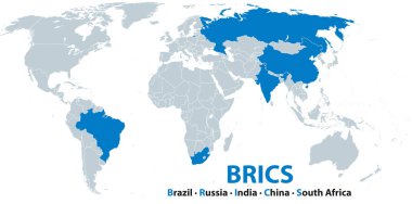 BRICS, member states, political map. Acronym coined to associate the five major emerging economies in the world, the countries Brazil, Russia, India, China (PRC), and South Africa. Illustration. clipart