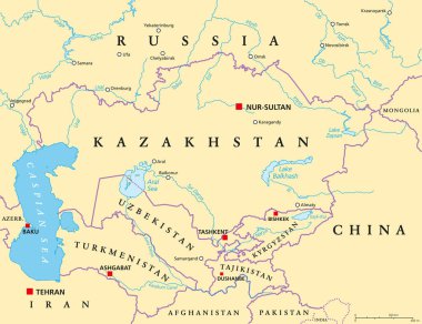 Orta Asya, başkentlerle politik harita. Hazar Denizi 'nden Çin ve Moğolistan' a, Afganistan ve İran 'dan Rusya' nın güneyine kadar uzanan eski Sovyet cumhuriyetlerinden oluşan Asya 'nın alt bölgesi..