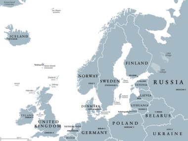 Kuzey Avrupa, gri politik harita. Britanya Adaları, Fennoscandia, Jutland Yarımadası, doğuda uzanan Baltık düzlüğü ve anakara Kuzey Avrupa ve ana Avrupa kıtasından uzakta bulunan adalar..