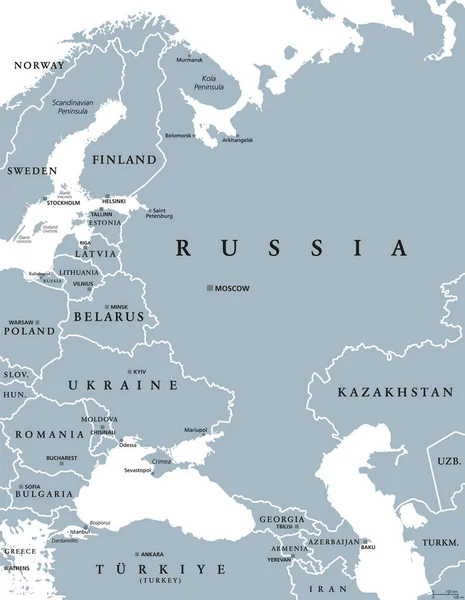 东欧和西亚 灰色政治地图 有首都和边界 与黑海 欧洲俄罗斯 和中亚的一部分 关于白人背景的说明 — 图库矢量图片