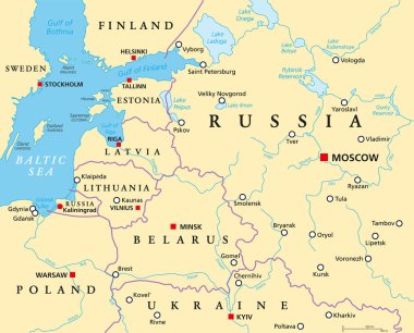 Baltık Devletleri ve Kalininingrad, politik harita. Finlandiya 'dan Estonya' ya, Letonya 'ya, Litvanya' ya, Polonya 'ya ve Rusya' nın Kalingrad Oblastı 'ndan Beyaz Rusya' nın Avrupa Bölgesi 'ne.