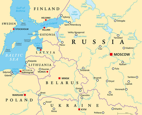 Прибалтика и Калининград, политическая карта. Из Финляндии в Эстонию, Латвию и Литву, в Польшу и из российского анклава Калининградской области, в Беларусь и в европейскую часть России.