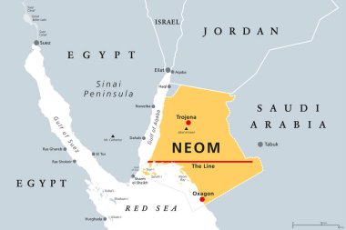 Neom, gri politik harita. Suudi Arabistan 'ın kuzeybatısındaki Tabuk Eyaleti' nde, Kızıldeniz 'in kuzeyinde ve Akabe Körfezi' nin karşısında Suudi megakitesi inşa ediliyor. Akıllı bir şehir ve turizm merkezi olarak planlandı.