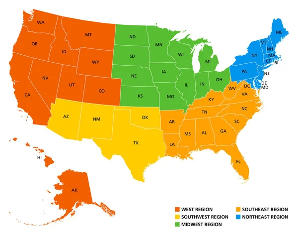 美国的地理区域 政治地图 五个区域 根据它们在非洲大陆的地理位置 美国各地区的常见但非官方的称呼方式 — 图库矢量图片