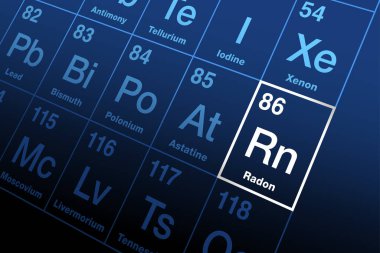 Radon periyodik elementler tablosunda. Radyoaktif soy gaz, sembolü R n, atom numarası 86. Radyumun bozunma ürünü, radyoaktif bozunma zincirinin orta basamağı olarak küçük miktarlarda doğal olarak meydana gelir..