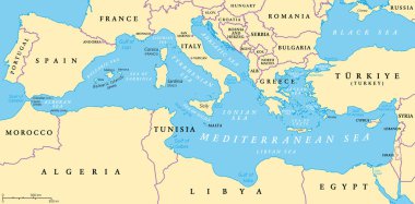 Akdeniz, alt bölümleri, boğazları, adaları ve ülkeleri olan siyasi haritalar. Atlantik Okyanusu 'na bağlı, Akdeniz Havzası ile çevrili, neredeyse tamamen karayla çevrili..