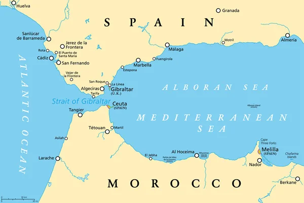 Estrecho Gibraltar Mapa Político También Conocido Como Estrecho Gibraltar Estrecho — Vector de stock