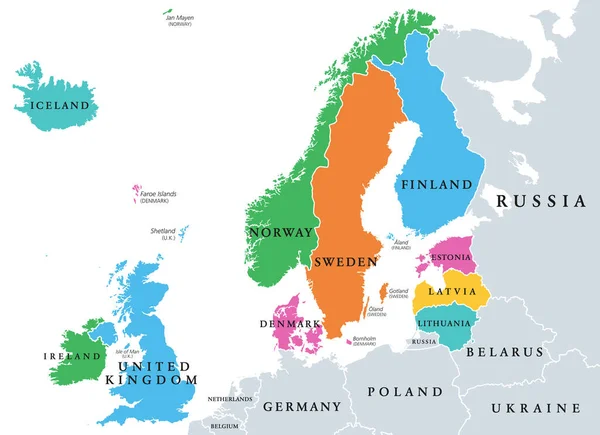 Europa Settentrionale Sottoregione Geosema Carta Politica Isole Largo Dal Continente — Vettoriale Stock