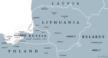 Litvanya ve Kaliningrad, gri politik harita, başkentleri ve büyük şehirleri var. Litvanya Cumhuriyeti, bir Avrupa ve Baltık ülkesi, ve Kalininingrad Oblastı, bir federal vatandaş ve Rusya 'nın ekleksiyonu..