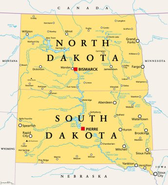 Dakota 'lar, politik harita. Amerika Birleşik Devletleri 'nin Kuzey Dakota ve Güney Dakota eyaletleri için ortak terim, Yukarı Ortabatı ve Kuzey Merkez. Dakota Bölgesi ve ortak mirası tanımlamak için kullanılır..