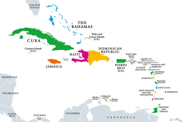 Karaiby Kolorowa Mapa Polityczna Podregion Ameryki Morzu Karaibskim Wyspami Angielskimi — Wektor stockowy