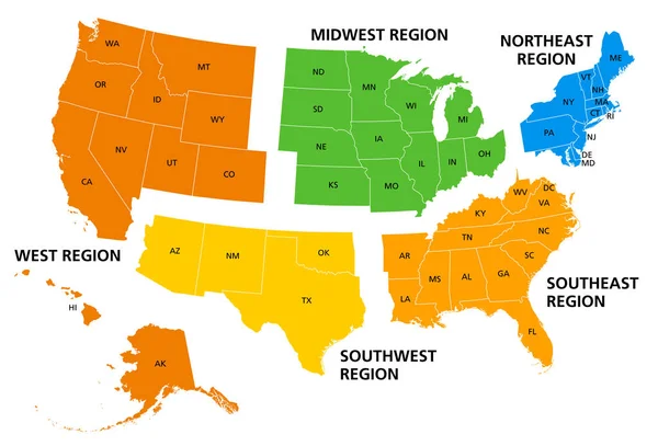 Estados Unidos Regiões Geográficas Mapa Político Colorido Cinco Regiões Acordo —  Vetores de Stock