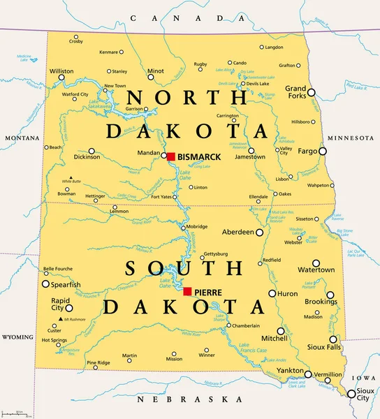 Die Dakotas Politische Landkarte Sammelbegriff Für Die Bundesstaaten North Dakota — Stockvektor