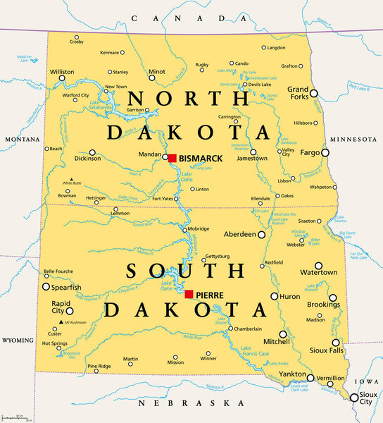 The Dakotas, political map. Collective term for the U.S. states of North Dakota and South Dakota, in the Upper Midwest and North Central. Used to describe the Dakota Territory and collective heritage.