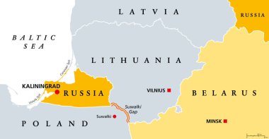 Suwalki Geçidi, politik harita. Suwalki Koridoru olarak da bilinen sınır, Rusya 'nın Kaliningrad Oblastı' ndan Belarus 'a, Litvanya ve Polonya arasında, Polonya' nın Suwalki kasabası yakınlarında başlıyor..