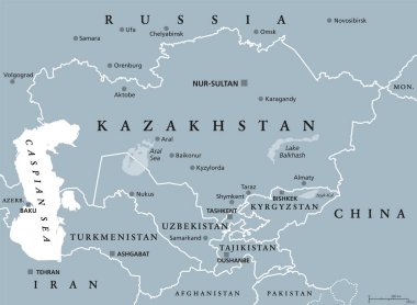 Central Asia, gray political map. Subregion of Asia, consisting of former Soviet republics, stretching from the Caspian Sea to China and Mongolia, and from south of Russia to Afghanistan and Iran.