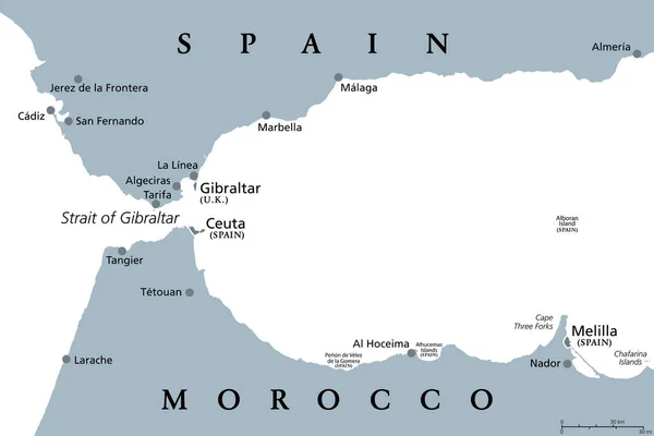 Strait Gibraltar Gray Political Map Also Known Straits Gibraltar Narrow — Archivo Imágenes Vectoriales